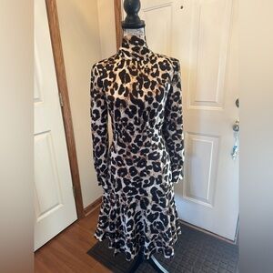 Classy Long Sleeve Leopard Print Mockneck Dress - Brown/Black with tie